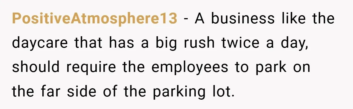 PositiveAtmosphere13 − A business like the daycare that has a big rush twice a day, should require the employees to park on the far side of the parking lot.