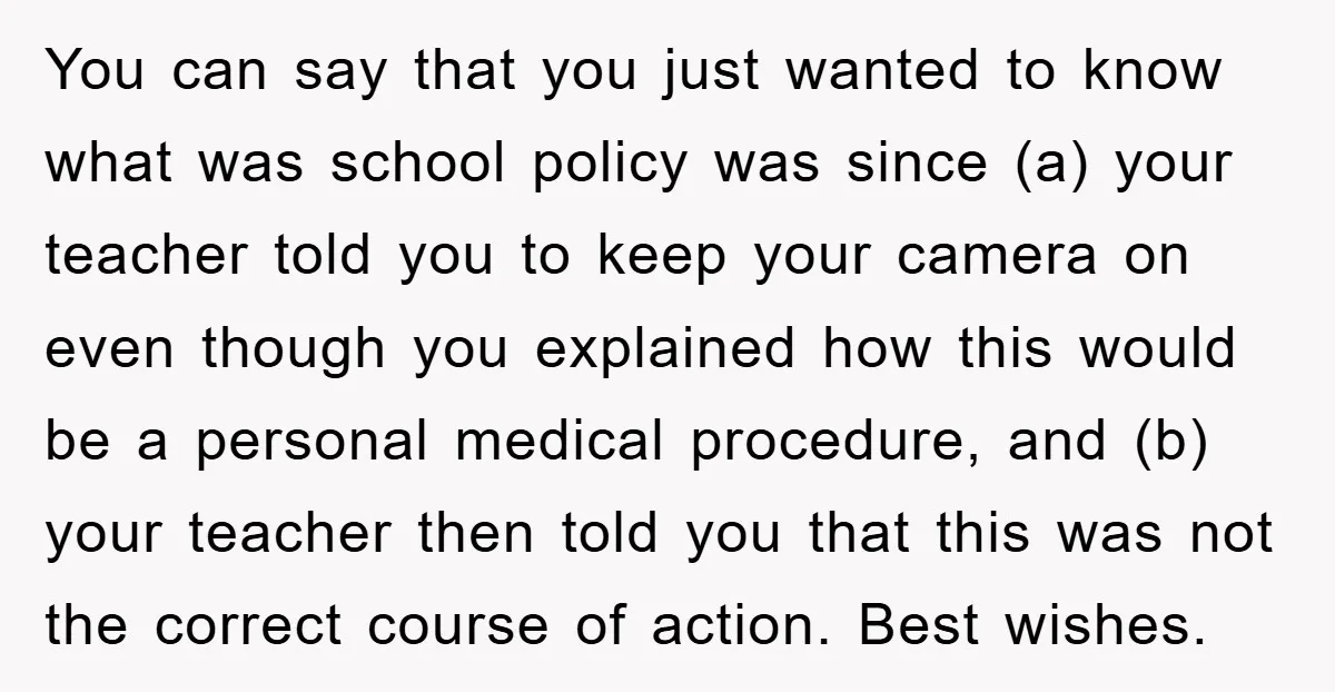 You can say that you just wanted to know what was school policy was since (a) your teacher told you to keep your camera on even though you explained how...