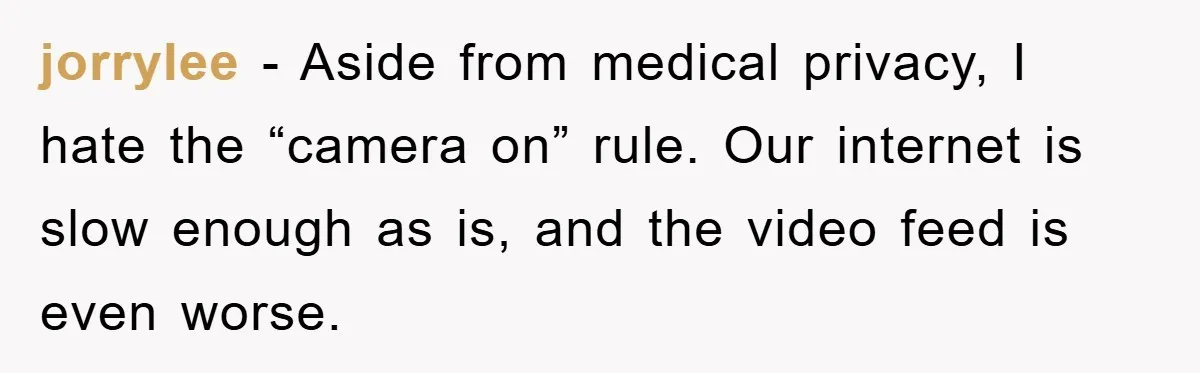 jorrylee − Aside from medical privacy, I hate the “camera on” rule. Our internet is slow enough as is, and the video feed is even worse.