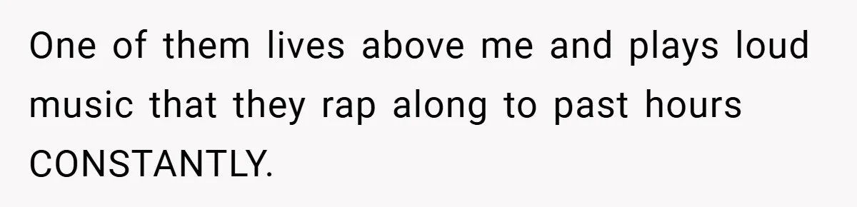 One of them lives above me and plays loud music that they rap along to past hours CONSTANTLY.