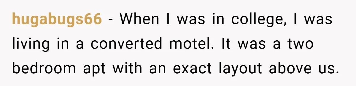 hugabugs66 − When I was in college, I was living in a converted motel. It was a two bedroom apt with an exact layout above us.