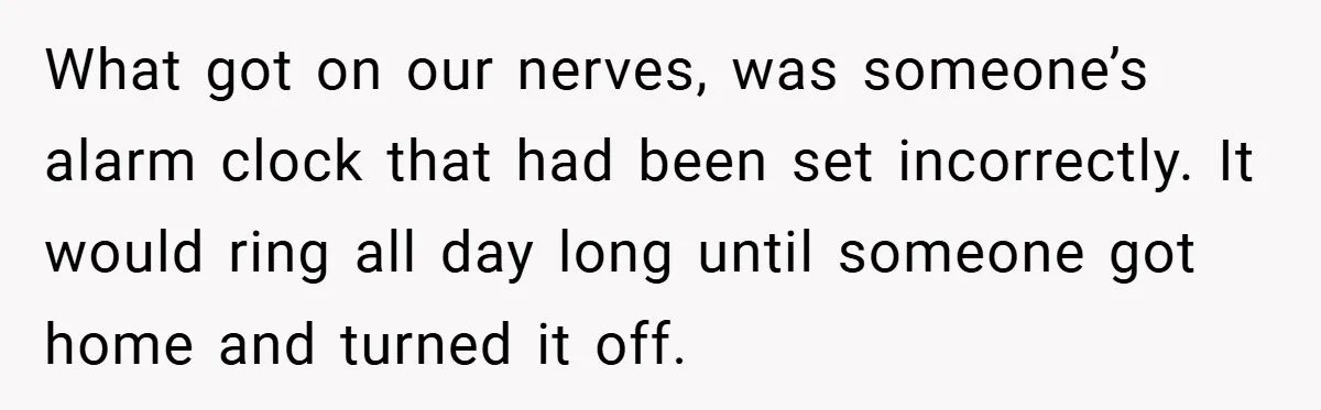 What got on our nerves, was someone’s alarm clock that had been set incorrectly. It would ring all day long until someone got home and turned it off.