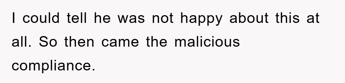 I could tell he was not happy about this at all. So then came the malicious compliance.