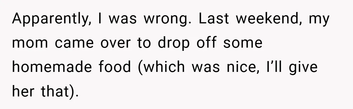 Apparently, I was wrong. Last weekend, my mom came over to drop off some homemade food (which was nice, I’ll give her that).