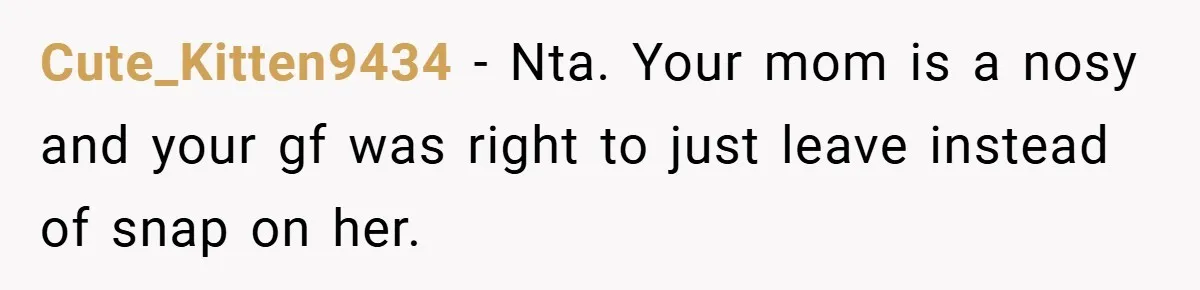 Cute_Kitten9434 − Nta. Your mom is a nosy and your gf was right to just leave instead of snap on her.