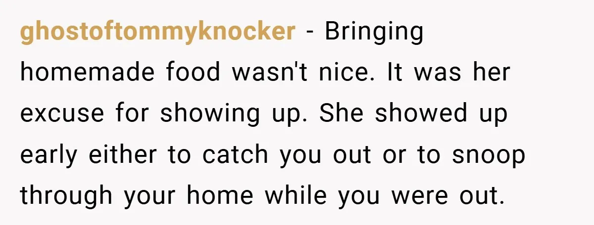 ghostoftommyknocker − Bringing homemade food wasn't nice. It was her excuse for showing up. She showed up early either to catch you out or to snoop through your home while...