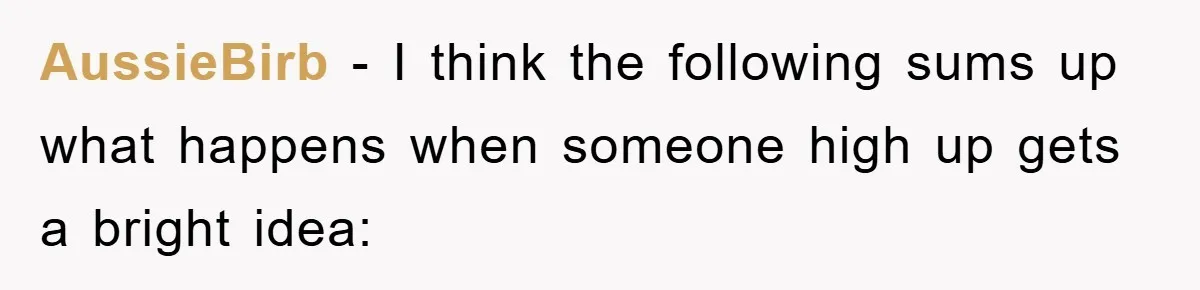AussieBirb − I think the following sums up what happens when someone high up gets a bright idea: