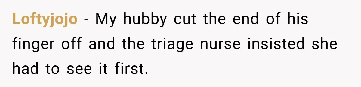 Loftyjojo − My hubby cut the end of his finger off and the triage nurse insisted she had to see it first.