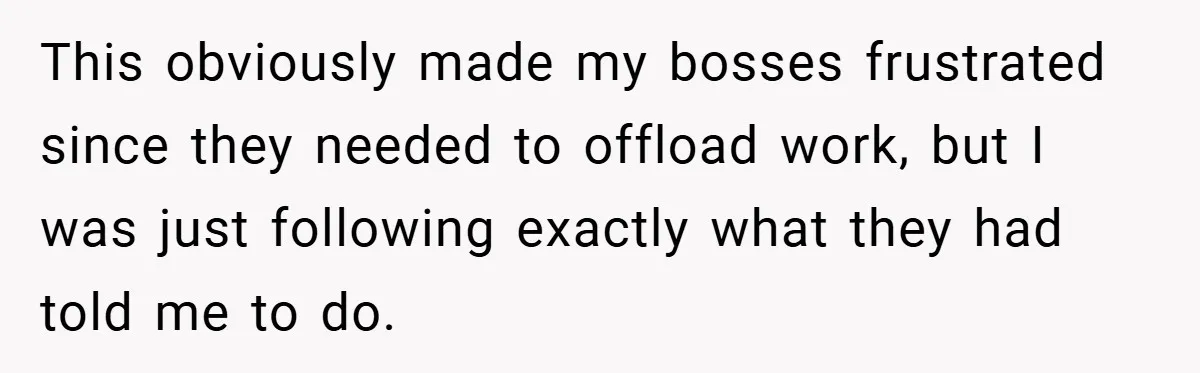 This obviously made my bosses frustrated since they needed to offload work, but I was just following exactly what they had told me to do.