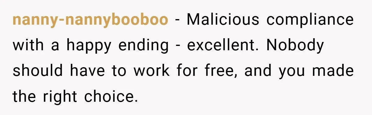 nanny-nannybooboo − Malicious compliance with a happy ending - excellent. Nobody should have to work for free, and you made the right choice.