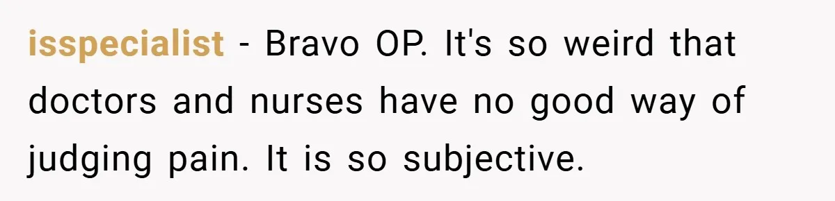 isspecialist − Bravo OP. It's so weird that doctors and nurses have no good way of judging pain. It is so subjective.