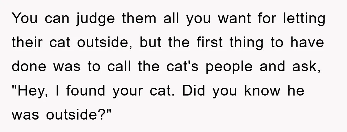 You can judge them all you want for letting their cat outside, but the first thing to have done was to call the cat's people and ask, "Hey, I found...
