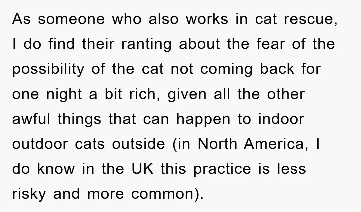 As someone who also works in cat rescue, I do find their ranting about the fear of the possibility of the cat not coming back for one night a bit...