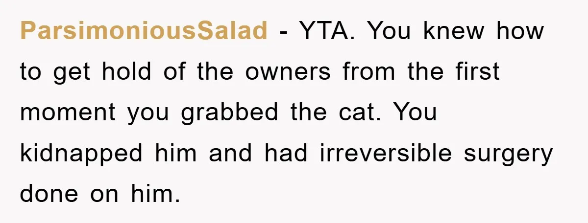 ParsimoniousSalad − YTA. You knew how to get hold of the owners from the first moment you grabbed the cat. You kidnapped him and had irreversible surgery done on him.