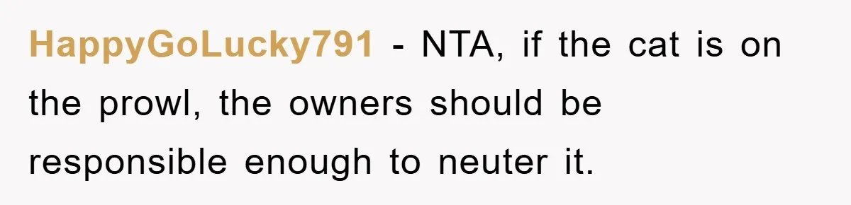 HappyGoLucky791 − NTA, if the cat is on the prowl, the owners should be responsible enough to neuter it.