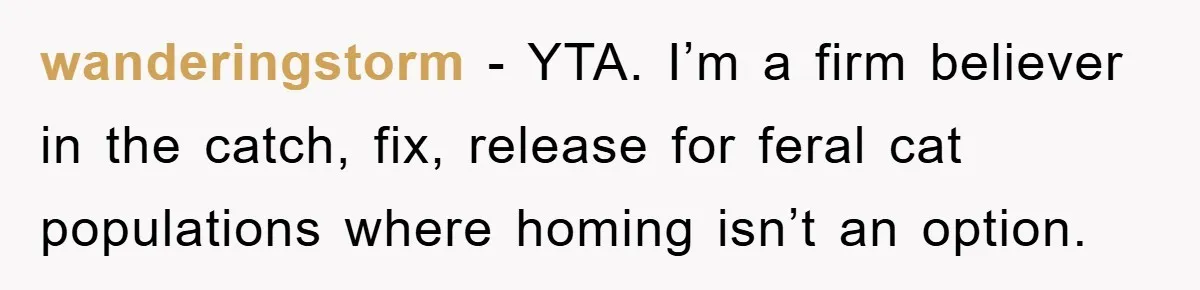 wanderingstorm − YTA. I’m a firm believer in the catch, fix, release for feral cat populations where homing isn’t an option.