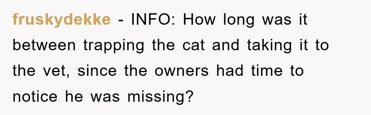 fruskydekke − INFO: How long was it between trapping the cat and taking it to the vet, since the owners had time to notice he was missing?