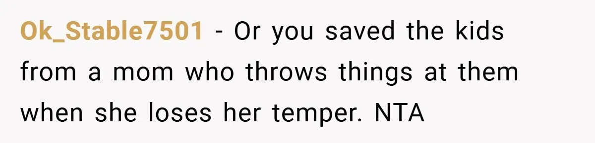 Ok_Stable7501 − Or you saved the kids from a mom who throws things at them when she loses her temper. NTA