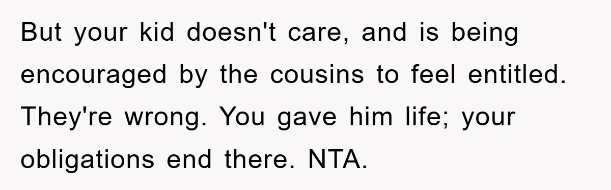 Man Rejects Biological Son Because He Never Wants To Be A Dad, But The True Reason Suggests He Is Not To Blame But your kid doesn't care, and is being encouraged by the cousins to feel entitled. They're wrong. You gave him life; your obligations end there. NTA.