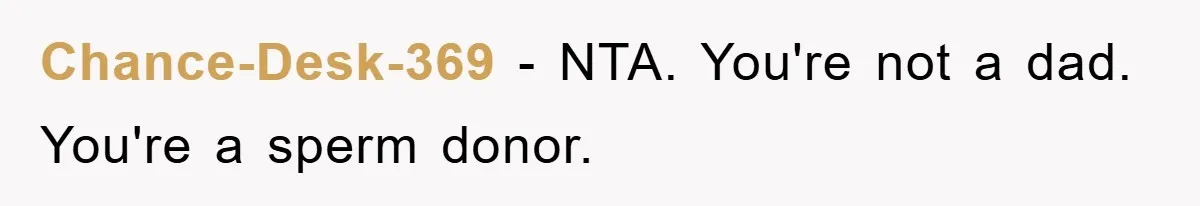 Man Rejects Biological Son Because He Never Wants To Be A Dad, But The True Reason Suggests He Is Not To Blame Chance-Desk-369 − NTA. You're not a dad. You're a sperm donor.