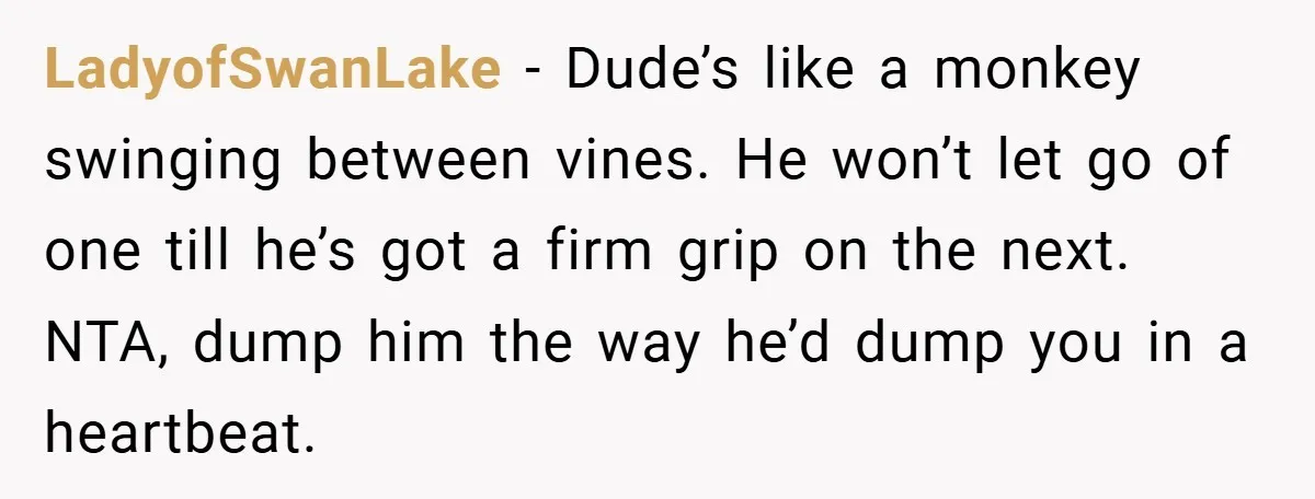 LadyofSwanLake − Dude’s like a monkey swinging between vines. He won’t let go of one till he’s got a firm grip on the next. NTA, dump him the way he’d...