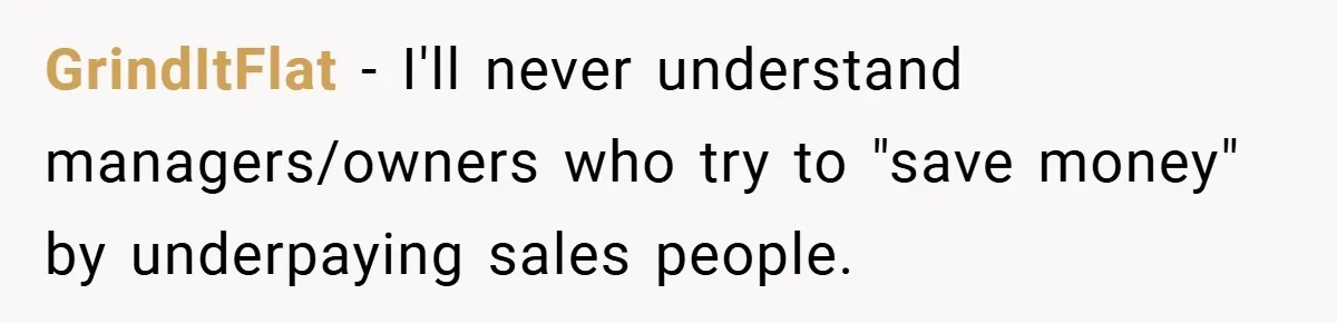 GrindItFlat − I'll never understand managers/owners who try to "save money" by underpaying sales people.