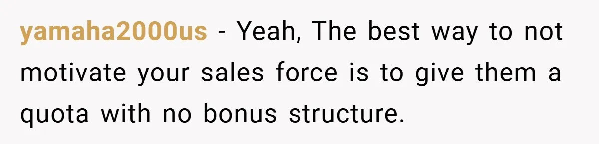 yamaha2000us − Yeah, The best way to not motivate your sales force is to give them a quota with no bonus structure.