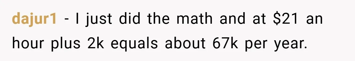 dajur1 − I just did the math and at $21 an hour plus 2k equals about 67k per year.