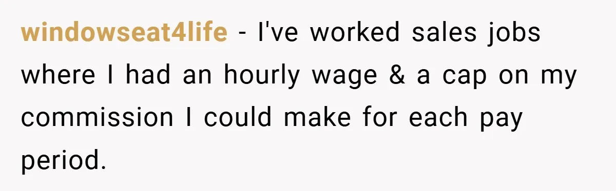 windowseat4life − I've worked sales jobs where I had an hourly wage & a cap on my commission I could make for each pay period.