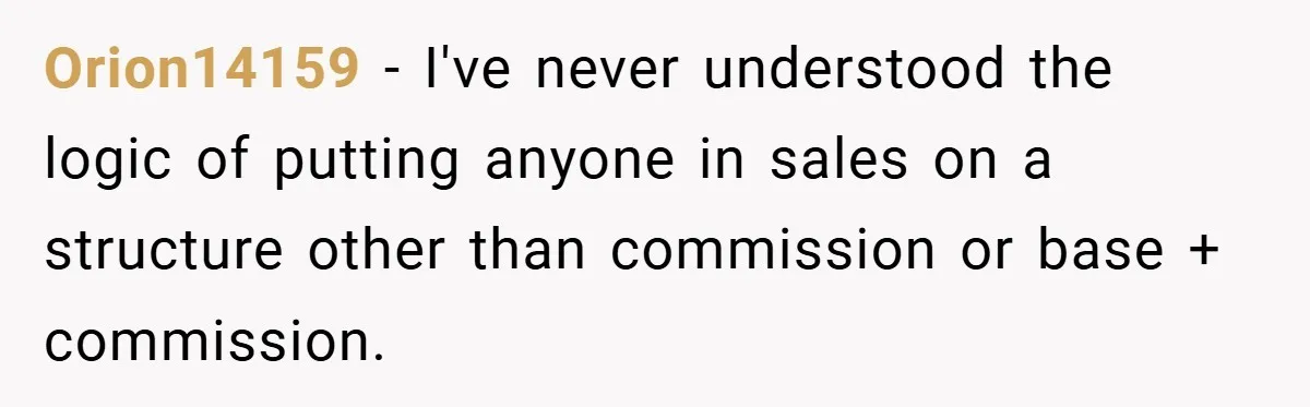 Orion14159 − I've never understood the logic of putting anyone in sales on a structure other than commission or base + commission.