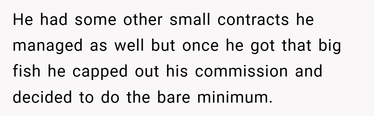 He had some other small contracts he managed as well but once he got that big fish he capped out his commission and decided to do the bare minimum.
