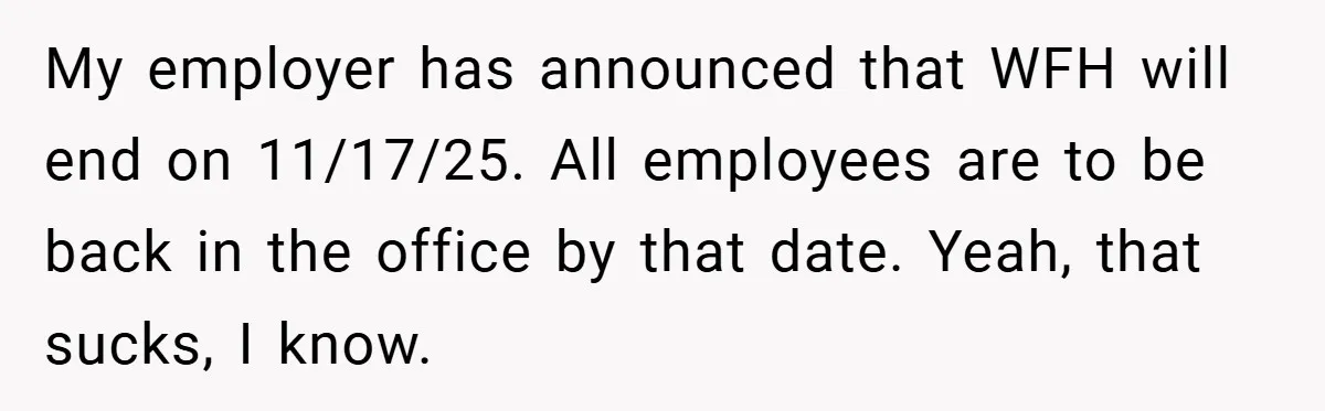 My employer has announced that WFH will end on 11/17/25. All employees are to be back in the office by that date. Yeah, that sucks, I know.