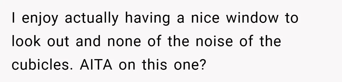 I enjoy actually having a nice window to look out and none of the noise of the cubicles. AITA on this one?