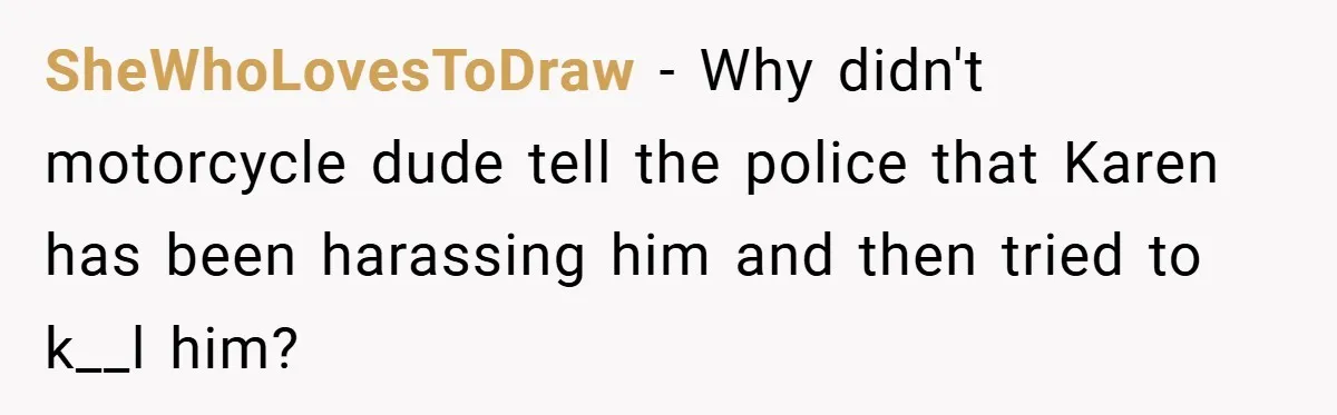 Motorcycle Rider’s ‘Revenge’ On Karen Who Tried To Block Him Leaves The Whole Neighborhood Suffering SheWhoLovesToDraw − Why didn't motorcycle dude tell the police that Karen has been harassing him and then tried to k__l him?