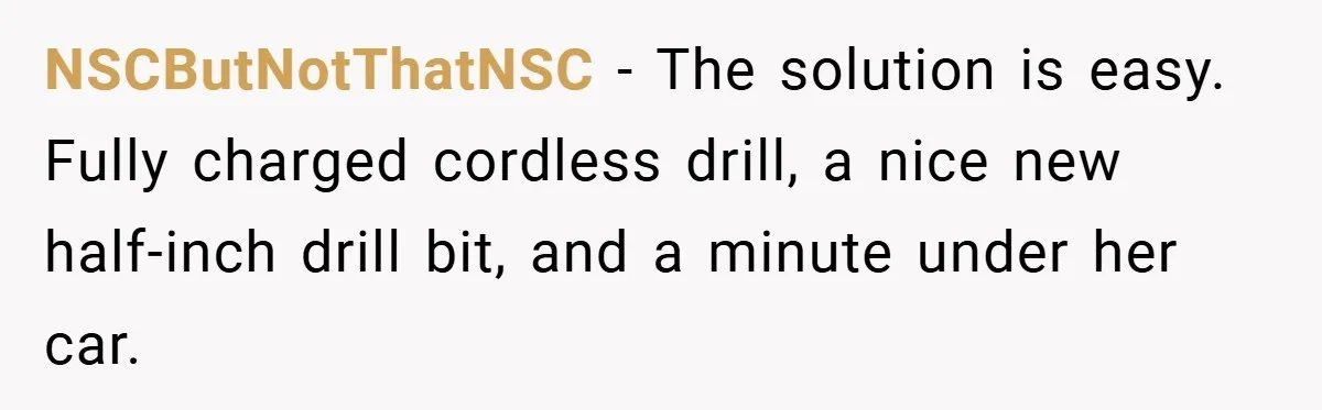 Motorcycle Rider’s ‘Revenge’ On Karen Who Tried To Block Him Leaves The Whole Neighborhood Suffering NSCButNotThatNSC − The solution is easy. Fully charged cordless drill, a nice new half-inch drill bit, and a minute under her car.