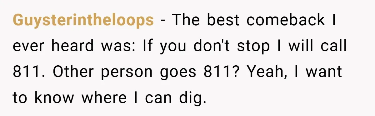 Motorcycle Rider’s ‘Revenge’ On Karen Who Tried To Block Him Leaves The Whole Neighborhood Suffering Guysterintheloops − The best comeback I ever heard was: If you don't stop I will call 811. Other person goes 811? Yeah, I want to know where I can dig.