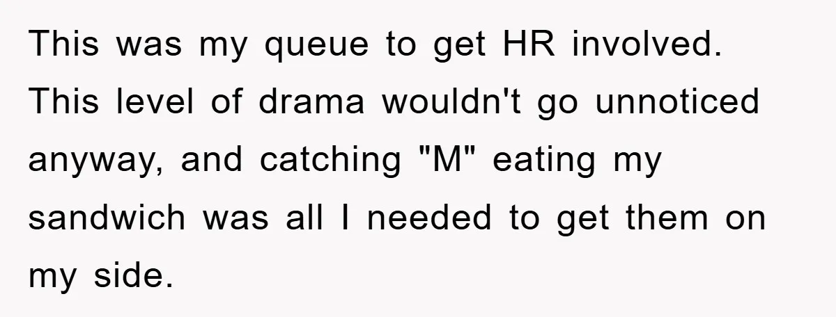 This was my queue to get HR involved. This level of drama wouldn't go unnoticed anyway, and catching "M" eating my sandwich was all I needed to get them on...