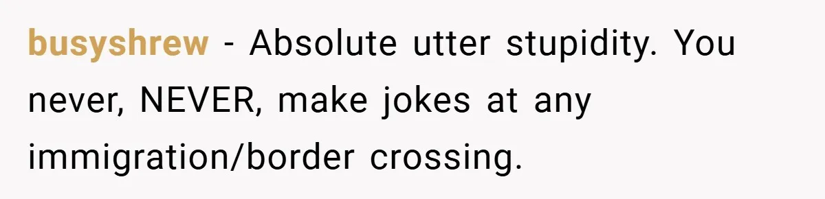 busyshrew − Absolute utter stupidity. You never, NEVER, make jokes at any immigration/border crossing.