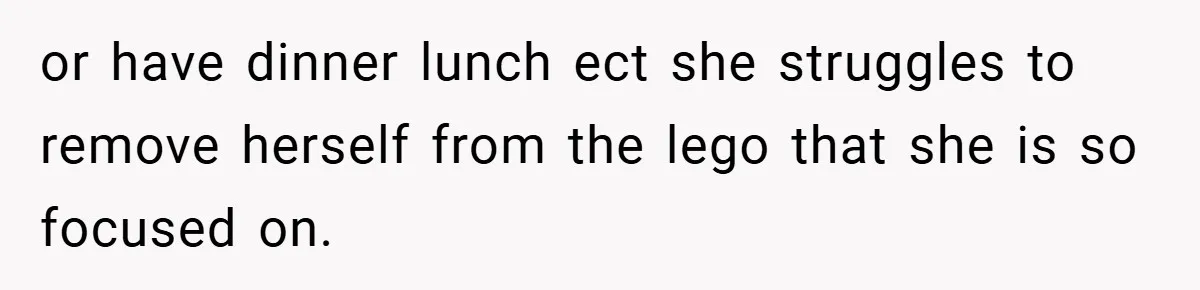 or have dinner lunch ect she struggles to remove herself from the lego that she is so focused on.