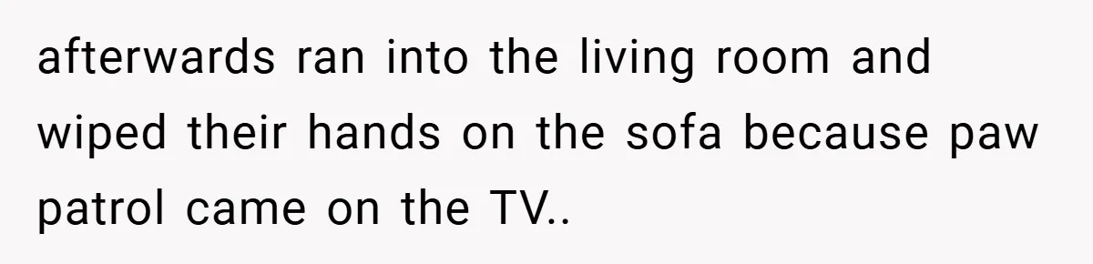 afterwards ran into the living room and wiped their hands on the sofa because paw patrol came on the TV..