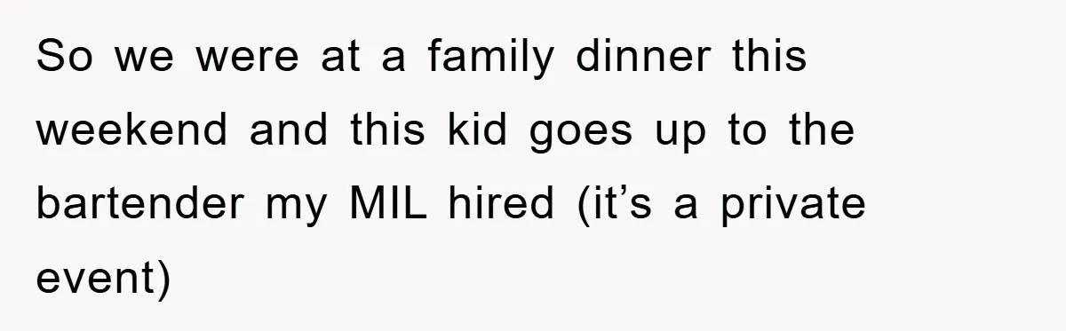 So we were at a family dinner this weekend and this kid goes up to the bartender my MIL hired (it’s a private event)