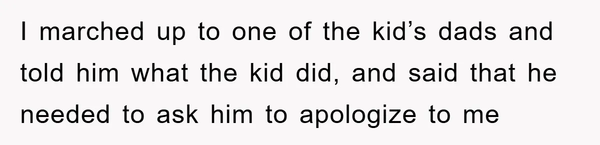 I marched up to one of the kid’s dads and told him what the kid did, and said that he needed to ask him to apologize to me