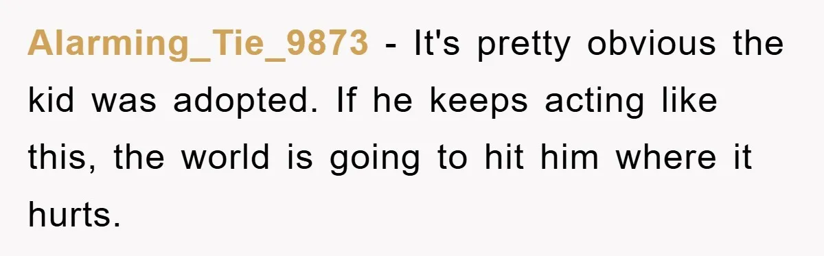 Alarming_Tie_9873 − It's pretty obvious the kid was adopted. If he keeps acting like this, the world is going to hit him where it hurts.