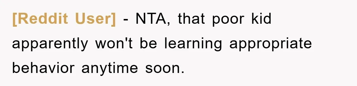 [Reddit User] − NTA, that poor kid apparently won't be learning appropriate behavior anytime soon.
