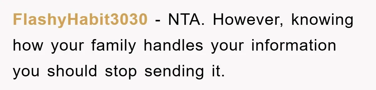 FlashyHabit3030 − NTA. However, knowing how your family handles your information you should stop sending it.