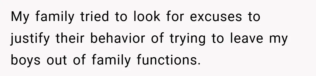 My family tried to look for excuses to justify their behavior of trying to leave my boys out of family functions.