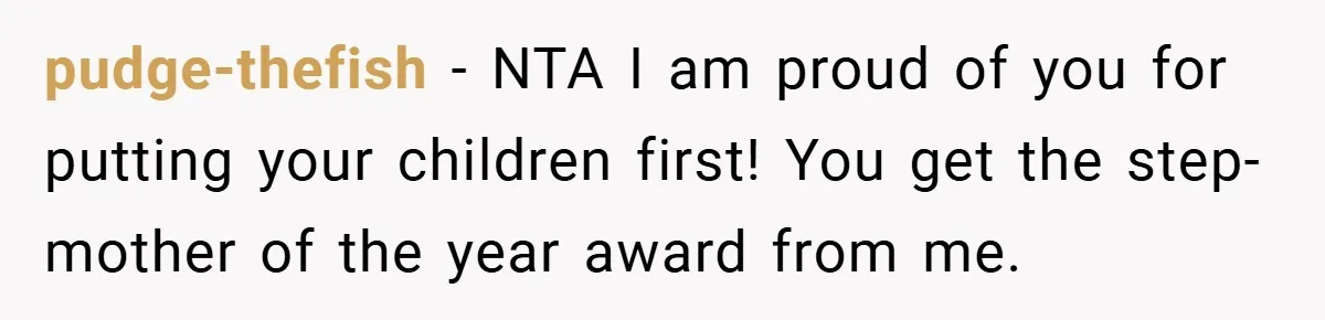 pudge-thefish − NTA I am proud of you for putting your children first! You get the step-mother of the year award from me.