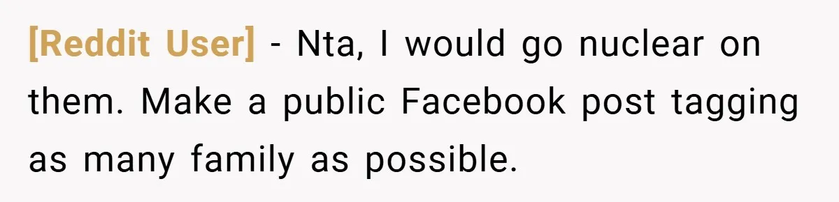 [Reddit User] − Nta, I would go nuclear on them. Make a public Facebook post tagging as many family as possible.