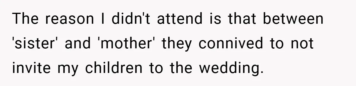 The reason I didn't attend is that between 'sister' and 'mother' they connived to not invite my children to the wedding.