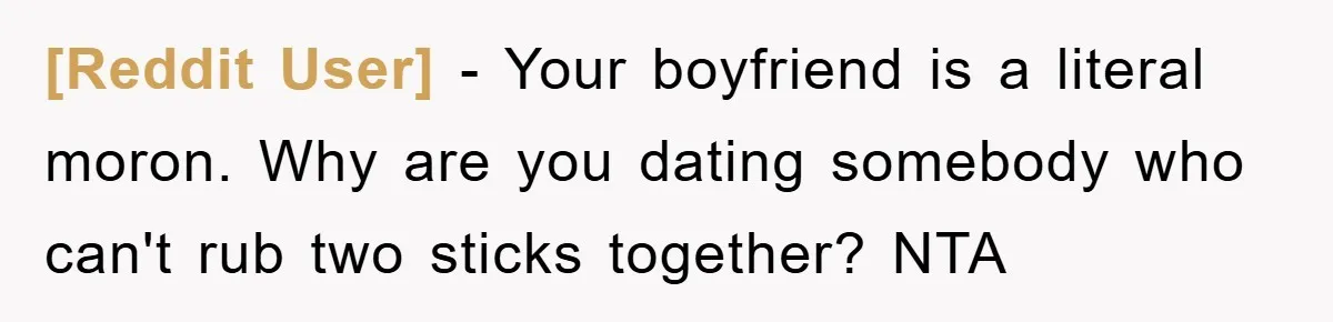 [Reddit User] − Your boyfriend is a literal moron. Why are you dating somebody who can't rub two sticks together? NTA